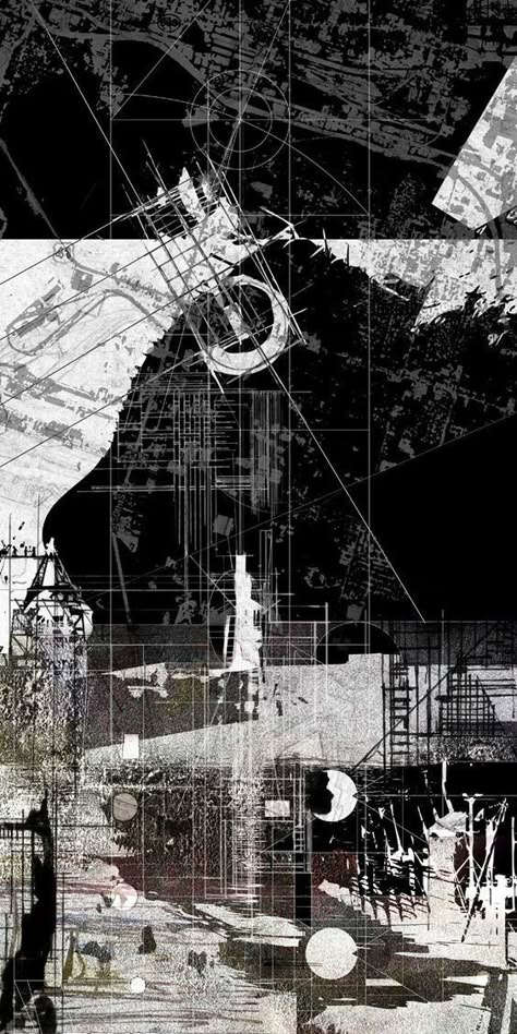 Black-and-white abstract architectural collage with geometric construction lines