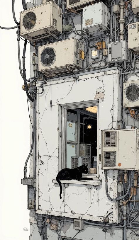 Black cat sitting on a window ledge beside an air conditioner