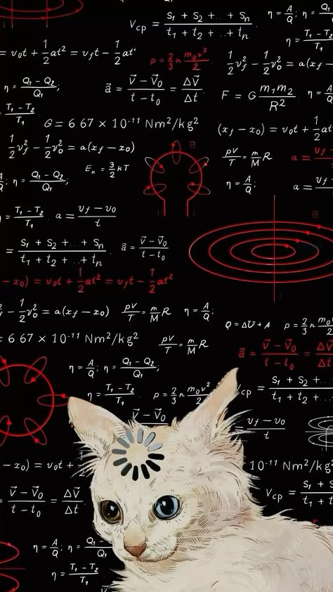 White cat against a blackboard filled with white and red equations