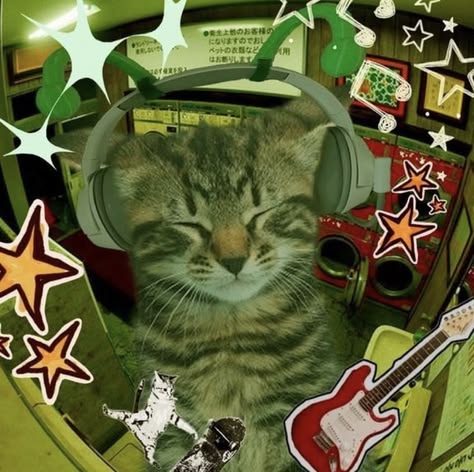 Cat wearing headphones at a computer keyboard, surrounded by stars
