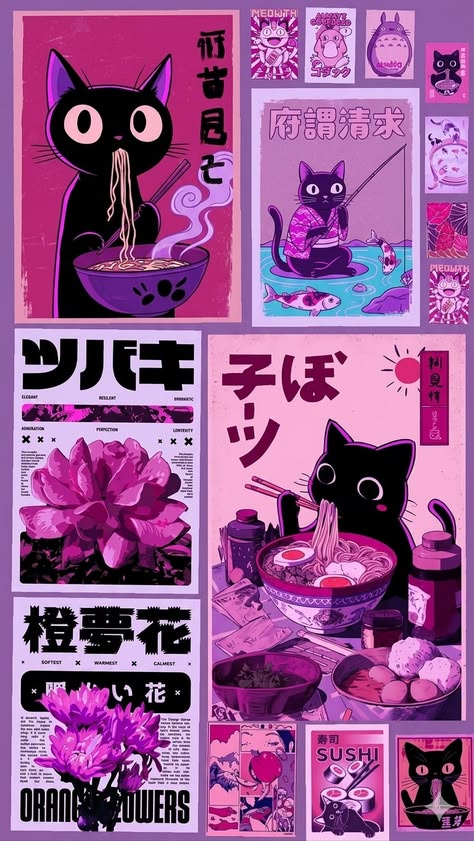 Graphic poster combining cats and flowers