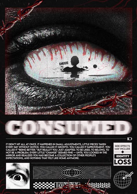 Black and red horror poster built around a staring eye
