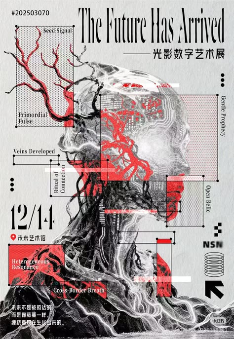 Black, white, and red editorial poster titled The Future Has Arrived