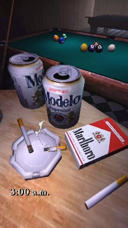 Pool table, beer cans, cigarettes, and an ashtray at 3 a.m.